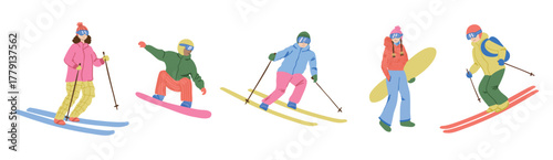 Winter skiing and snowboarding people illustration, colorful flat style vector of skiers and snowboarders