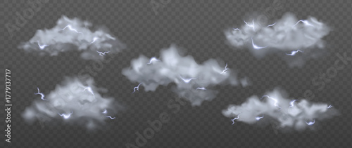 Storm clouds with lightning strikes on transparent background for weather graphics and atmospheric designs. Grey fluffy formations illuminated by electric bolts. Isolated vector sky elements.