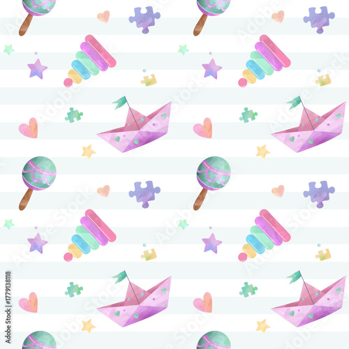 Seamless pattern toy boat, rattle and pyramid. Soft watercolor baby pattern. Pastel pink and violet design.
