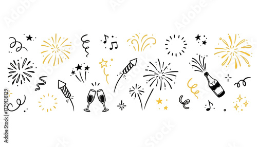 Celebratory Doodle Clipart Elements for New Year, Party, and Festive Occasions in a Hand-Drawn Style