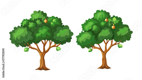 Orchard Duo: Two vibrant fruit trees stand side-by-side, their branches laden with ripe fruit, capturing the essence of a thriving orchard.