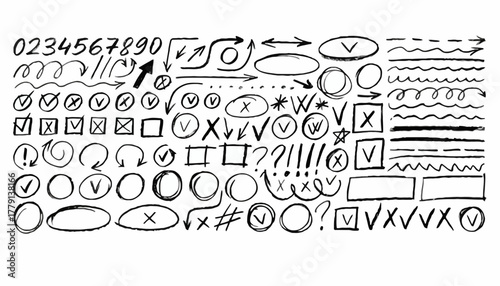 Hand-drawn elements and symbols set for design with numbers, arrows, check marks, and more