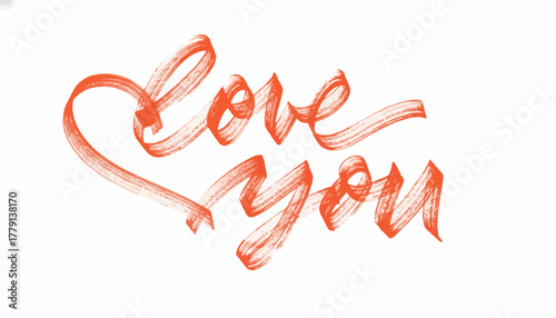 Expressive red-orange calligraphic 'Love You' text, artfully crafted with flowing brushstrokes and an integrated heart shape, symbolizing affection and warmth in a creative graphic style