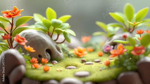 Miniature nature scene with vibrant orange flowers and green foliage surrounding smooth stones and a light gray rock formation.