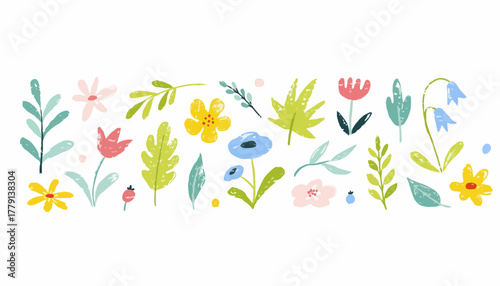 A charming collection of hand-drawn colorful spring flowers and leaves in a naive doodle style