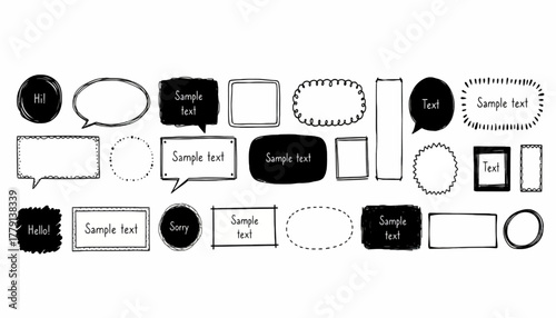 Hand-drawn doodle frames and speech bubbles collection for creative design projects, featuring sketched borders and thought bubbles with sample text on a white background