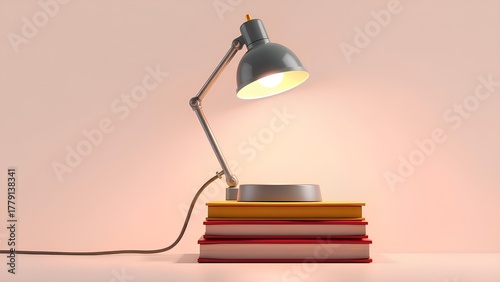 Desk lamp illuminating a stack of colorful books, symbolizing knowledge, learning, and study.