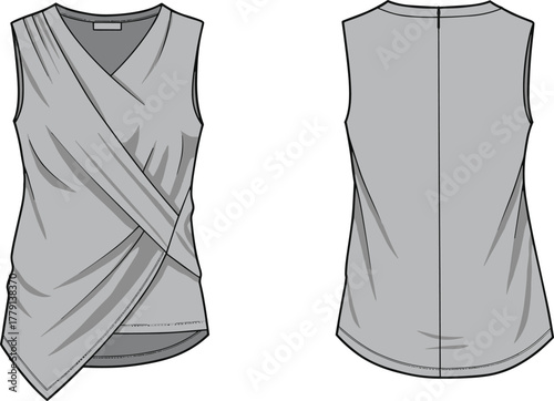 Elegant sleeveless draped wrap top in soft grey fabric, modern women’s fashion blouse design front and back illustration