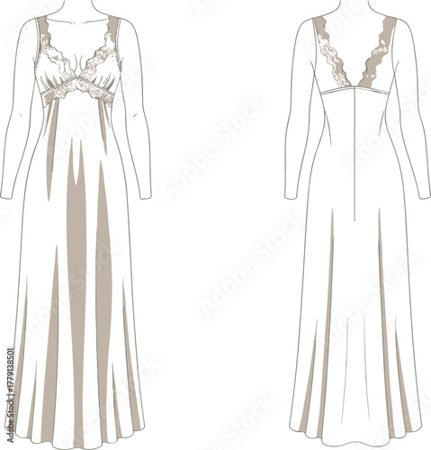 Elegant women long lace nightgown flat sketch front and back view luxury satin sleepwear fashion illustration design