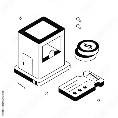 Isometric illustration of a ticket counter with coins and tickets, ideal for event, cinema, or game concepts