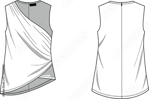 Stylish sleeveless white draped wrap blouse with asymmetrical hem, elegant women’s top fashion flat sketch front and back view