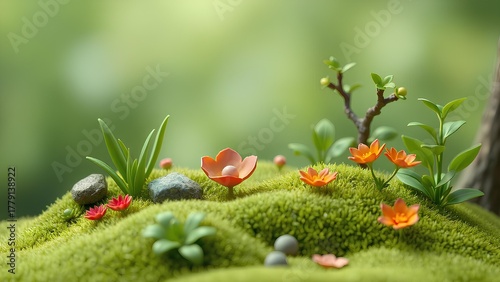 Vibrant miniature garden with moss, small stones, and delicate flowers in soft focus, representing nature's beauty.