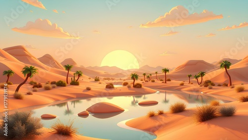 Vibrant Desert Oasis at Sunset: Palm Trees, Sandy Dunes, and Reflecting Water Under a Warm Sky