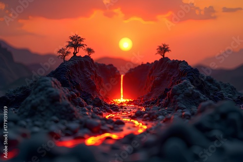 Dramatic volcanic landscape at sunset with glowing lava river and silhouetted trees