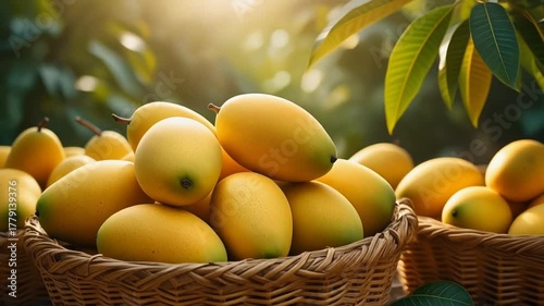 Freshly Harvested Mangoes Stacked in Woven Baskets