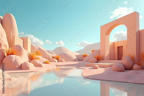 Surreal Desert Oasis with Architectural Elements and Calm Water Reflection