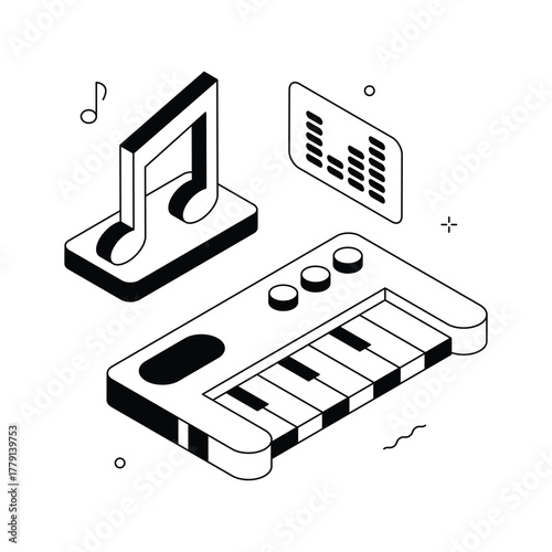 Isometric music keyboard illustration with notes and sound equalizer