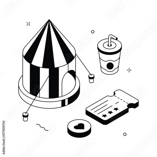 Isometric circus scene illustration with tent, ticket, and drink, perfect for entertainment