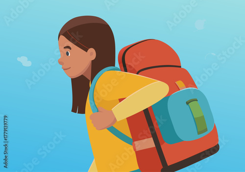 Schoolgirl Carrying Large Backpack on Blue Background, Waist Up Illustration