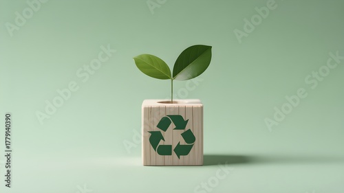 Minimalist recycling icon and growing plant wood cube vector