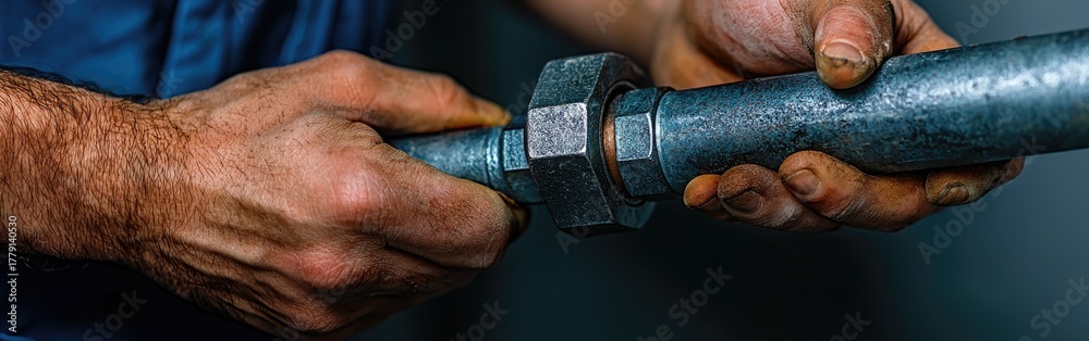 Fototapeta premium A skilled tradesperson expertly tightening a metal pipe using a wrench in a focused manner.