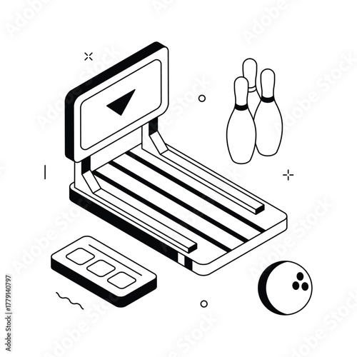 Isometric bowling alley scene with pins and ball, representing sports and entertainment