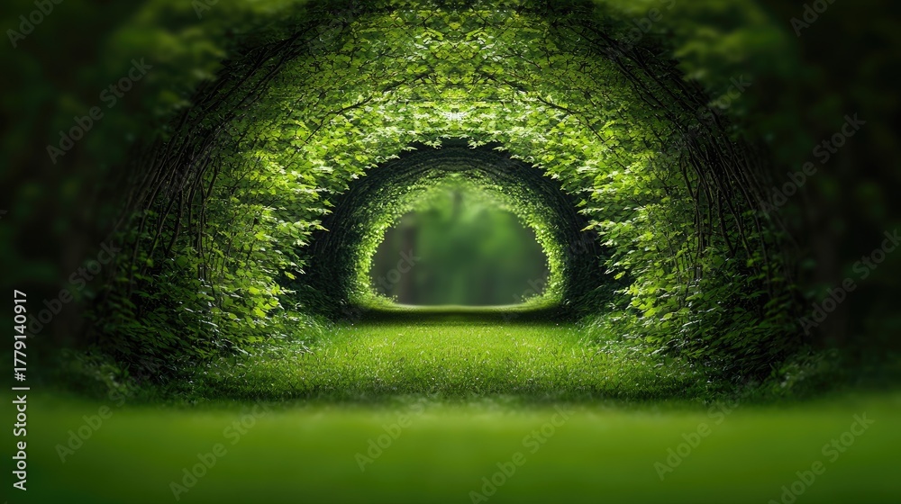 Fototapeta premium Enchanting forest road with symmetrical trees creating a magical tunnel effect bathed in soft green light