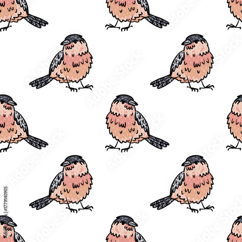 Pattern with a hand-drawn bird with a black outline, a colorful fluffy pink bird. Standing sideways in a repeat. Wildlife texture, perfect stickers, prints, textiles, and naturalistic design