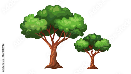 Cartoon Trees: Two vibrant cartoon trees, one towering and the other smaller, stand side-by-side. Their lush green foliage and sturdy brown trunks create a sense of harmony. 