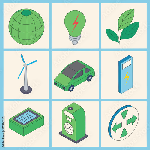 Isometric illustration of renewable energy sources and eco friendly technology icons arranged in a grid