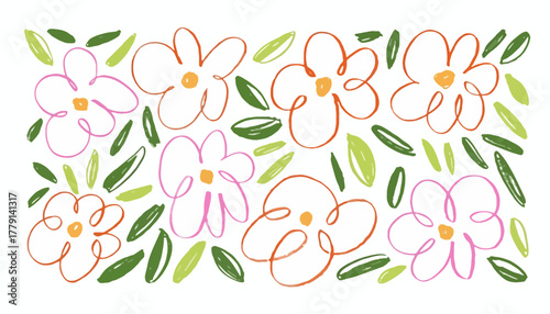 Cheerful and whimsical hand-drawn floral doodle pattern featuring vibrant pink and orange outline flowers with fresh green leaves, perfect for springtime creative designs