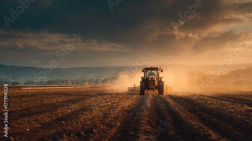 Fototapeta Naklejka Na Ścianę i Meble -  Tractors plowing farmland at sunset in a dusty rural landscape