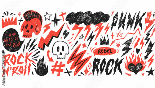 Rock and Roll Rebel Punk Skull Illustration with Lightning and Flames Graphic Art