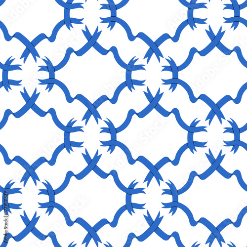 Geometric seamless pattern of flat colored blue ribbons forming a repeating lattice design. Elegant decorative graphic ideal for textile, gift wrapping, wallpaper, and modern festive backgrounds