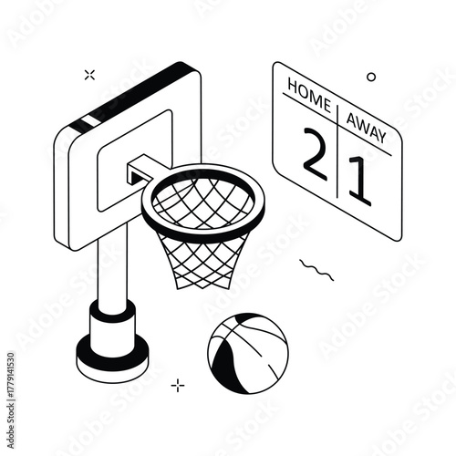 Dynamic isometric basketball illustration with hoop and ball for sports and fitness