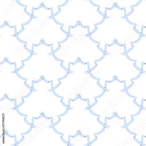 Geometric seamless pattern of flat colored light blue ribbons forming a repeating lattice design. Elegant decorative graphic ideal for textile, gift wrapping, wallpaper, and modern festive backgrounds