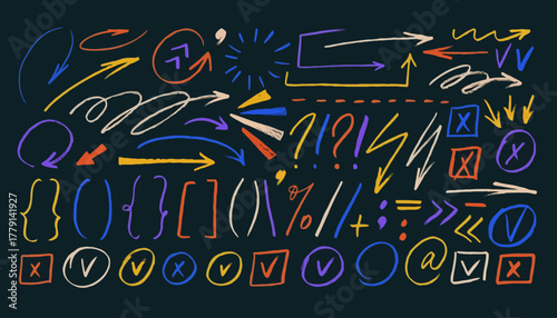 Colorful Hand-Drawn Arrows and Symbols on Dark Background for Creative Designs