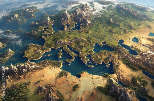Highly detailed realistic 3d map of medieval western europe with mountains rivers and forests top view