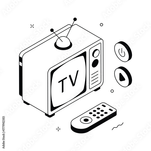 Isometric television illustration with remote control for media, entertainment, and broadcast