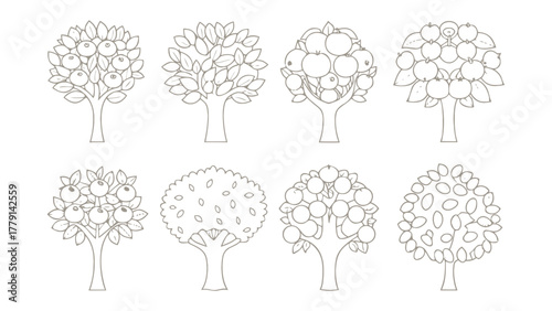 Orchard Sketch: A collection of various trees adorned with bountiful fruits, elegantly sketched, waiting to inspire creativity