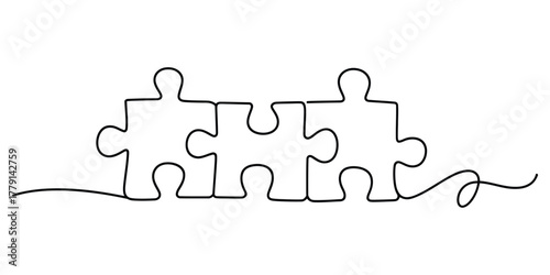 Three connected puzzle pieces, continuous line drawing concept