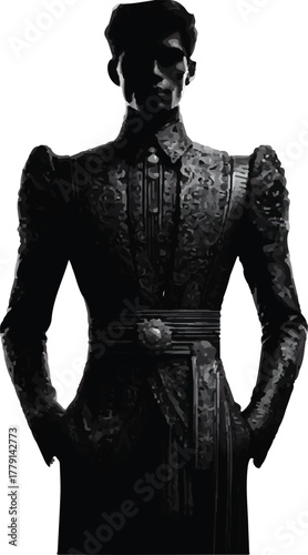 A black and white vector drawing of a man wearing 1800s era fashion from the Philippines. The man has his hands in his pockets.