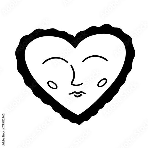Whimsical Heart with Face and Ruffles. Black and White Romantic Heart Vector Illustration