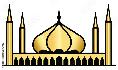 Mosque Islamic Vector Design Collection – Golden Mosque Dome and Minaret Silhouette, Muslim Religious Building Icon for Worship, Prayer, and Spiritual Artwork