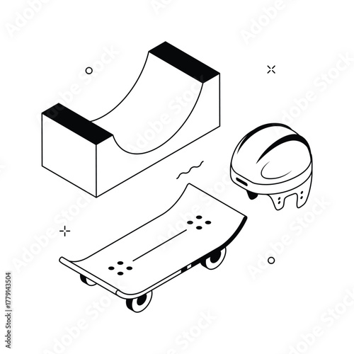 Isometric skateboarding illustration showing ramp and helmet for extreme sports