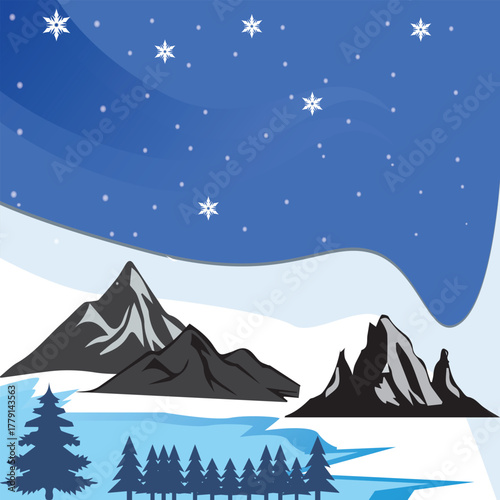 Snowy Mountain Landscape at Night with Stars