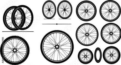 Collection of bicycle wheels and tires with spoke patterns, vector illustration showing detailed mechanical parts and realistic cycling design