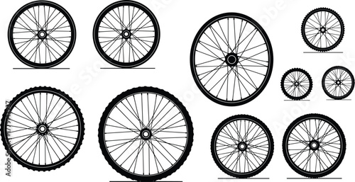 Collection of detailed bicycle wheels and tires with metal spokes, realistic black vector illustration for mechanical design projects