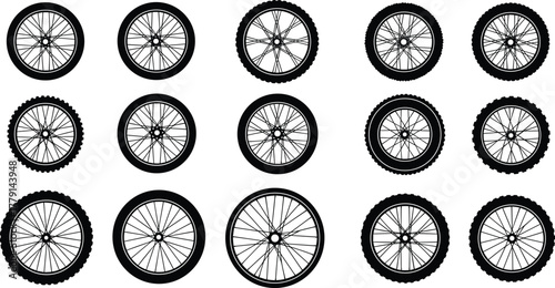 Collection of different bicycle wheels and tires with spoke patterns, detailed black vector illustration for mechanical and design use