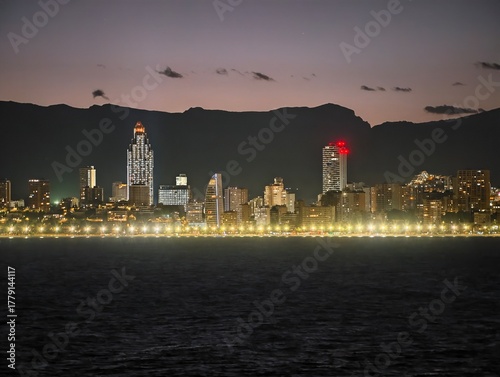 Tableau sur toile night cityscape illuminated, bright towers adorn dark waters, urban skyline shin